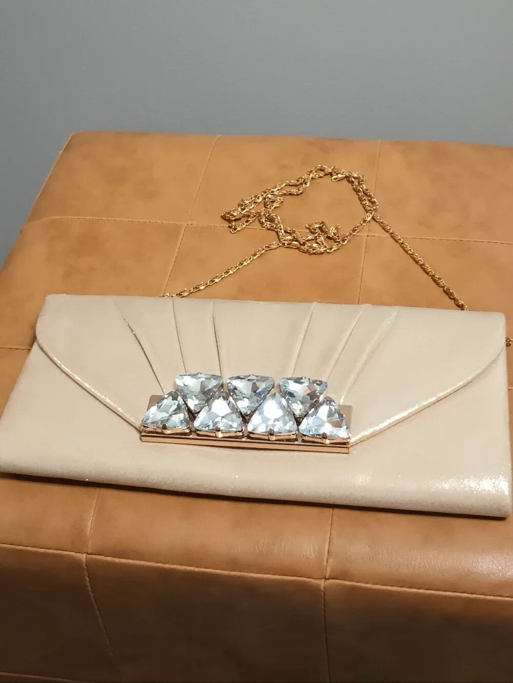 Call It Spring Cream Evening Clutch with Gold Chain and Crystal Accent